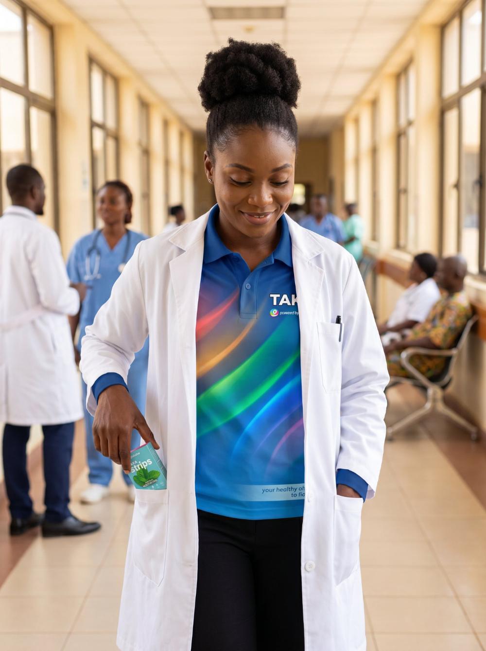 Clinician with TAKA Strips in a hospital corridor