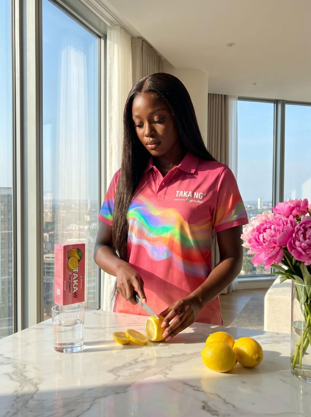 TAKA NG ambassador preparing TAKA Pink Lemonade with fresh lemons